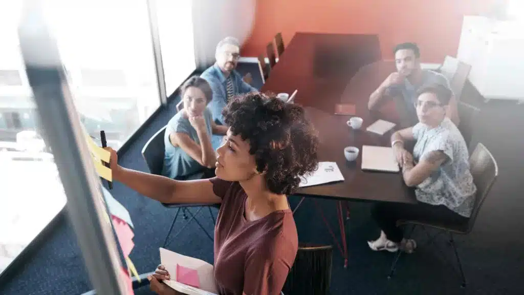 A woman with curly hair is standing in front of a clear board, placing sticky notes on it during a team meeting. Four colleagues sit at a table behind her, watching and listening attentively. The room has a casual, modern office vibe with a large window, casting natural light over the workspace. They appear to be collaborating, such as in a design sprint using the Disney Creativity Method, which involves brainstorming and developing ideas in a structured format.