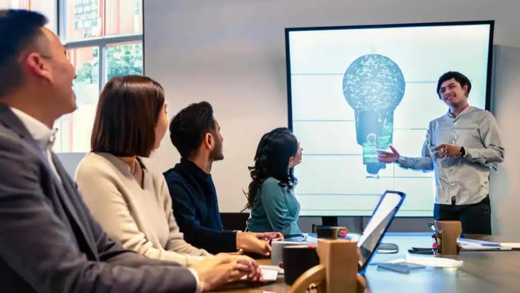 Business people in an innovation sprint listening to a presenter give a lightning talk